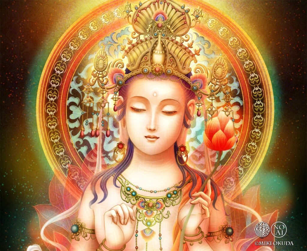 勢至菩薩のジクレー版画|光に包まれた仏画アート作品(額装)