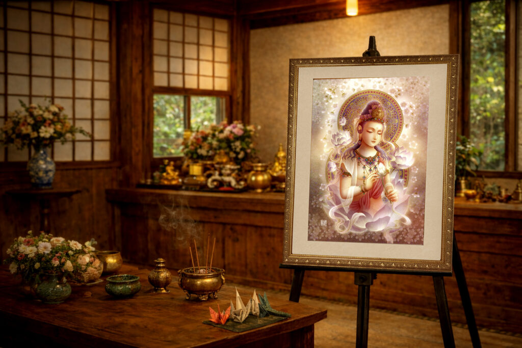 観音菩薩のジクレー版画|和室に飾られた仏画アート作品(額装)