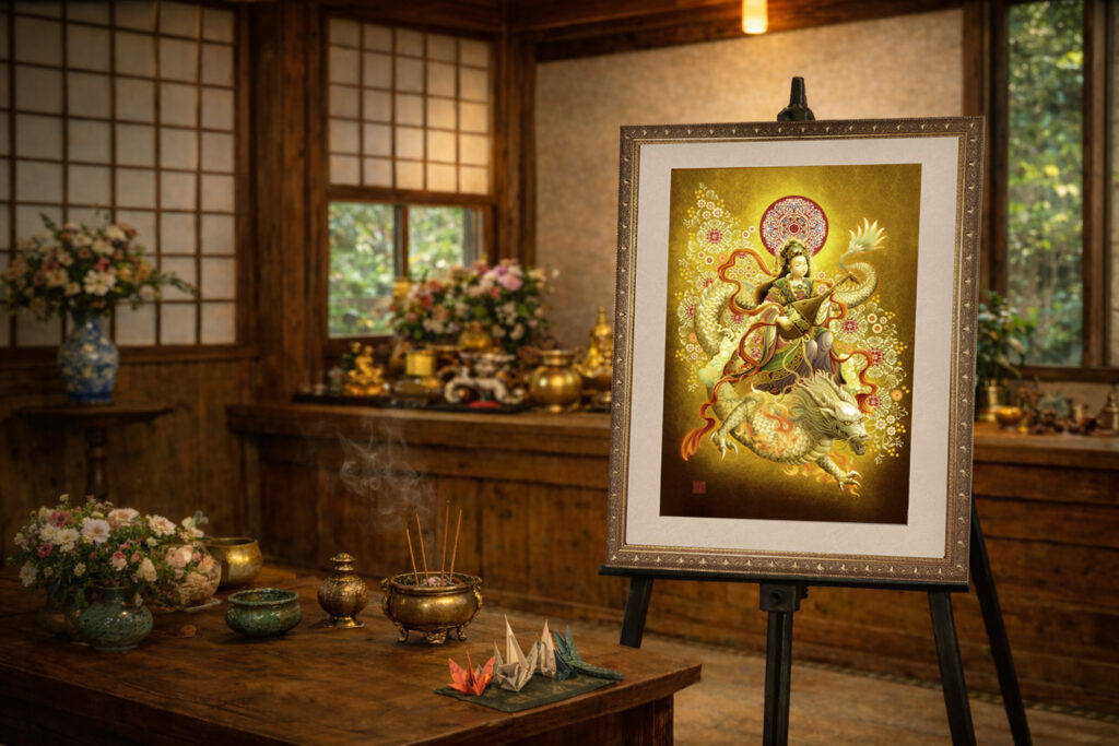 和室の空間に飾られた弁財天と白龍のジクレー版画。お香や花とともに静かに佇む、神仏画アートのインテリアイメージ。