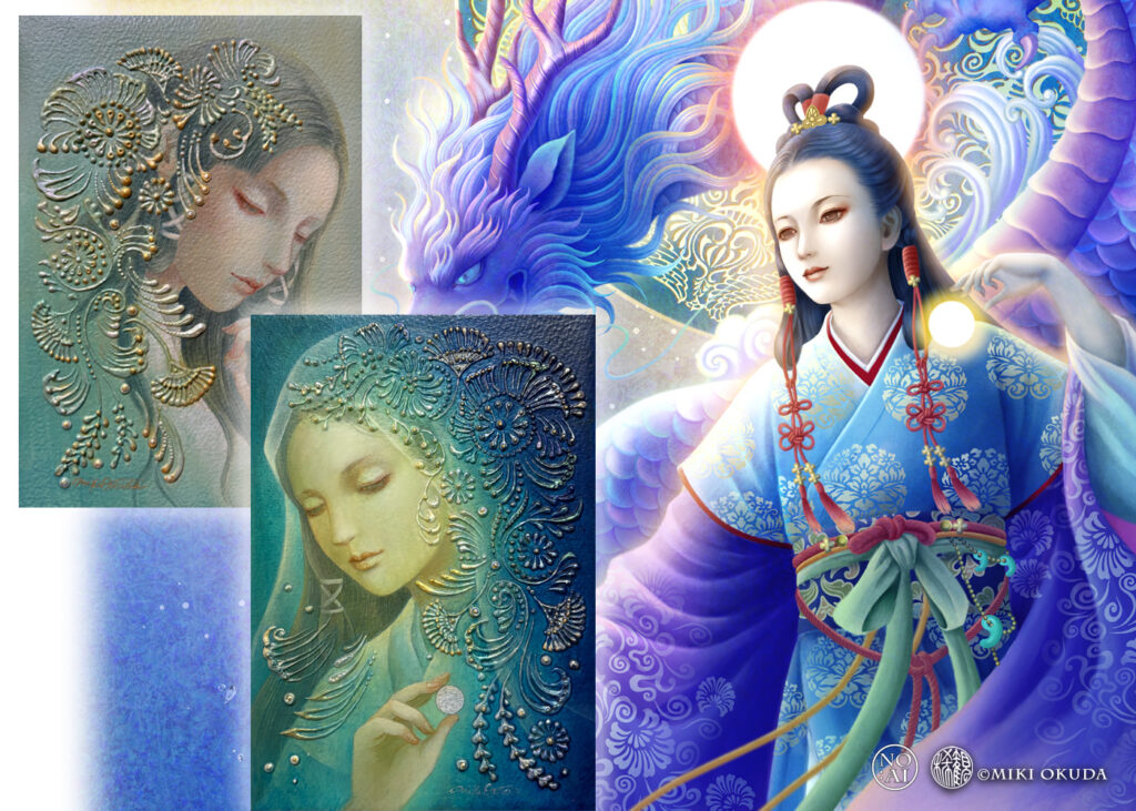 複数の瀬織津姫の作品を組み合わせたコラージュ、水のように変化する女神の表現