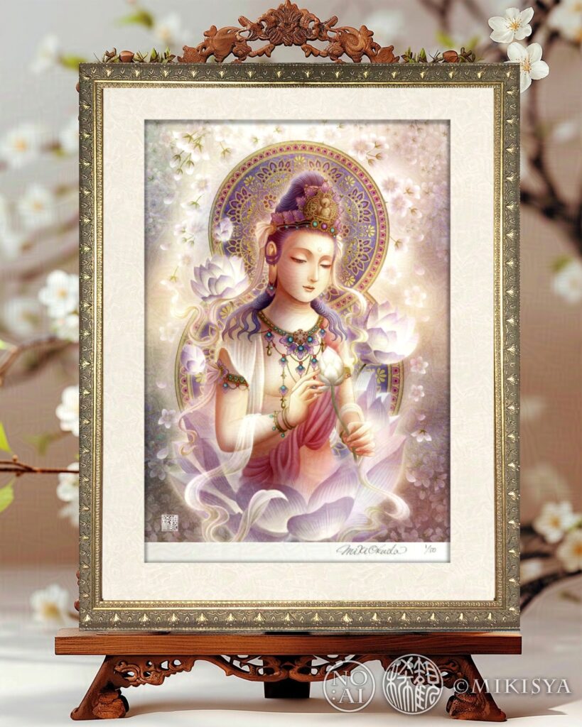 観音菩薩のジクレー版画|やさしい光に包まれた仏画アート作品(額装)