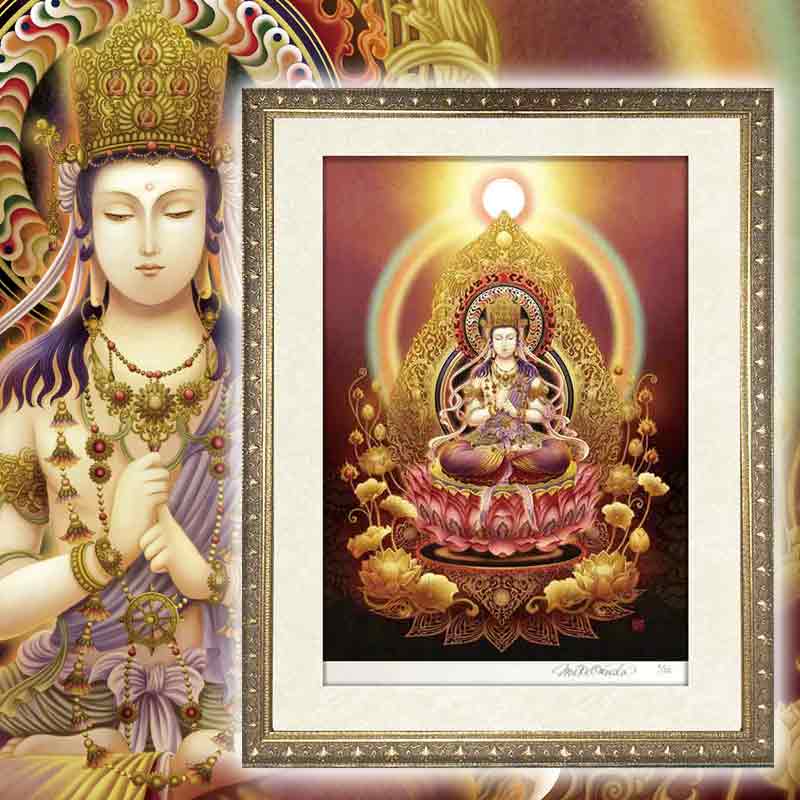 大日如来を描いた幻想絵画のジクレー版画。黄金の光に包まれた荘厳な姿が印象的なアート作品。