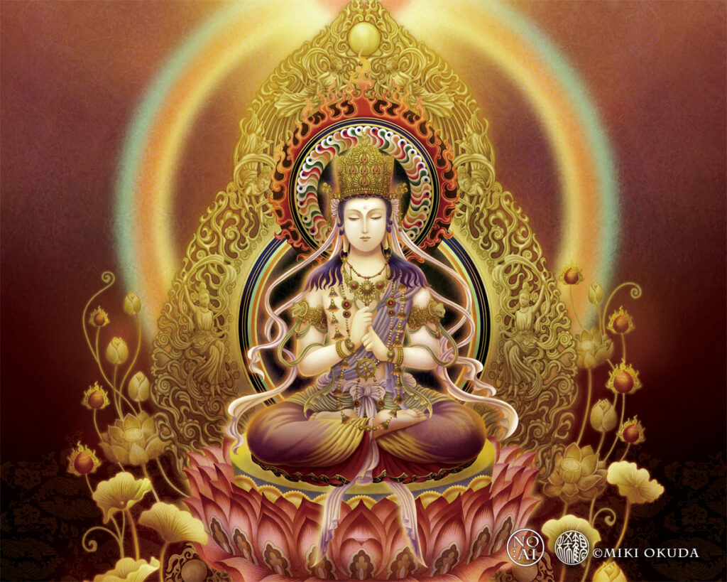金剛界と胎蔵界を象徴する大日如来の仏画、蓮華座に坐す姿