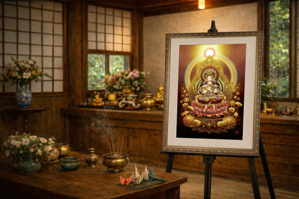 和室に飾られた大日如来の仏画ジクレー版画、室内インテリアイメージ
