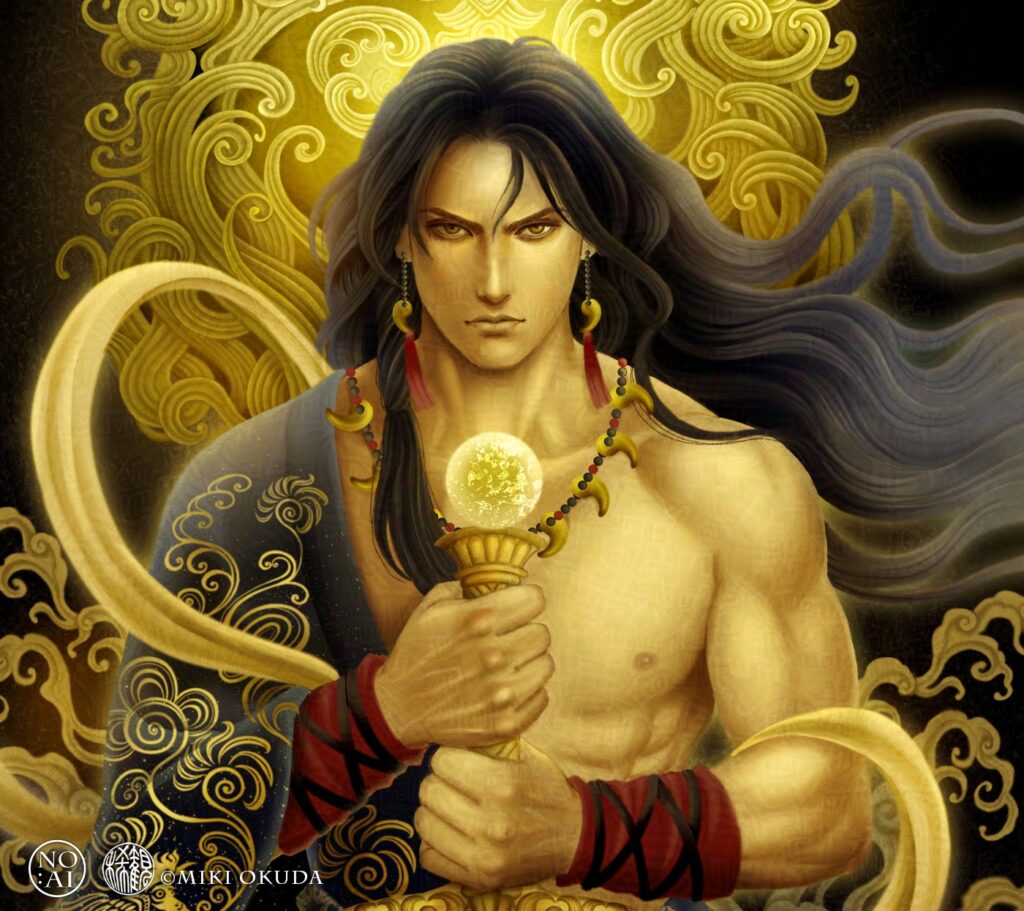 須佐之男命の神像イラスト、金の背景と力強い表情で描かれた日本神話の神