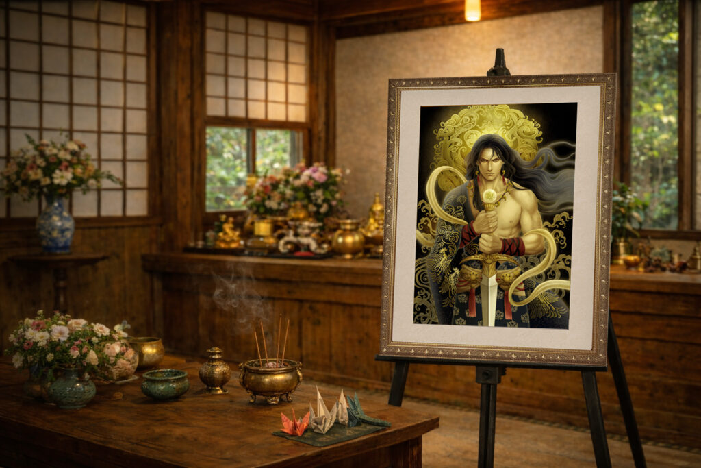 須佐之男命のジクレー版画を和室に飾った様子、金の背景と力強い神像の展示イメージ