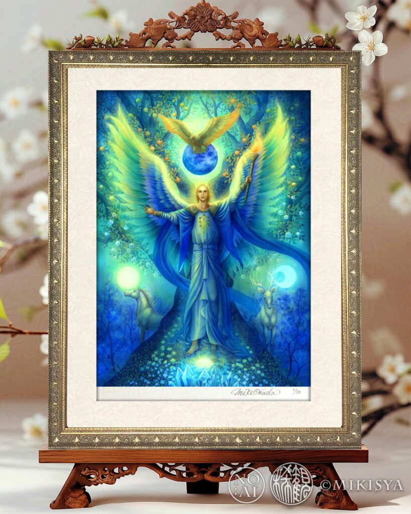 大天使ミカエルのジクレー版画|青と緑の光をまとった翼の天使を描いた幻想アート作品(額装)