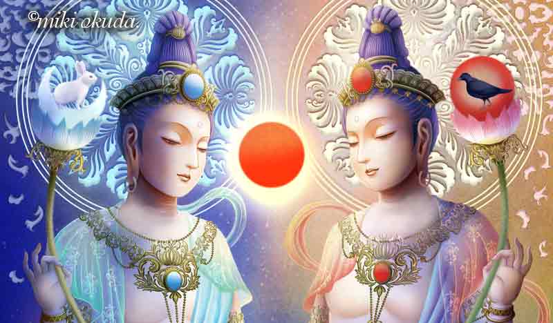 幻想画家・奥田みきが描いた弁才天の幻想的な神仏画。現代的な菩薩が印象的なジクレー版画で、仏画や龍神画、幻想絵画を手がける「観稀舎」の代表的な幻想絵画作品。