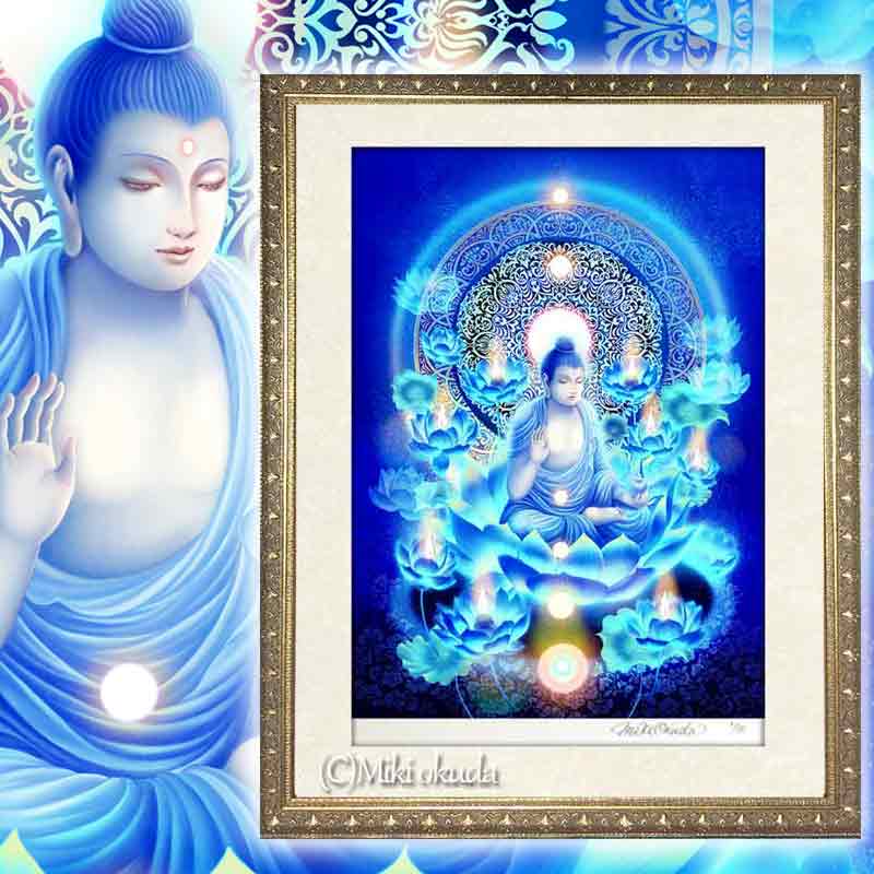 幻想画家・奥田みきが描いた弁才天の幻想的な神仏画。現代的な薬師如来が印象的なジクレー版画で、仏画や龍神画、幻想絵画を手がける「観稀舎」の代表的な幻想絵画作品。