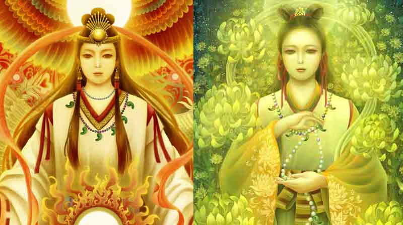 日本の女神、天照大御神、ククリヒメを描いた幻想的な作品