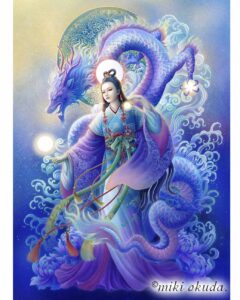 瀬織津姫を祀る幻想的なジクレー版画「再生の波紋」―祓いと再生のエネルギーを象徴する美しい和の女神像