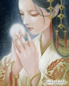 幻想画家・奥田みきによる「月読命」女神版アクリル画。月の光を両手に包み込むように祈る、静謐な月の女神を描いた幻想的な作品。