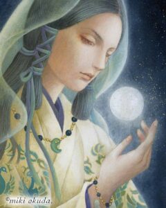 幻想画家・奥田みきによる「月読命」男神版アクリル画。玉を見つめる神秘的なまなざしと、古代的装束をまとった月の男神を描いた一枚。