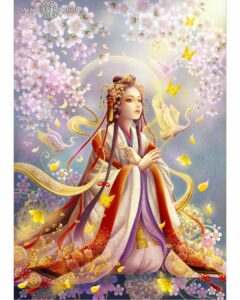 幻想画家・奥田みき「木花咲耶姫（このはなさくやひめ）」｜桜が舞う中、花のようにたたずむ女神。白と朱の衣をまとう気高き姿が、生命のはかなさと強さを静かに語る神仏画作品。