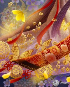 奥田みき「木花咲耶姫」ジクレー版画の装飾部分拡大｜金色の蝶や草花の文様が繊細に描かれた衣の裾。桜や紫の花模様が背景に溶け込み、幻想的な色彩と装飾美が際立つディテール。