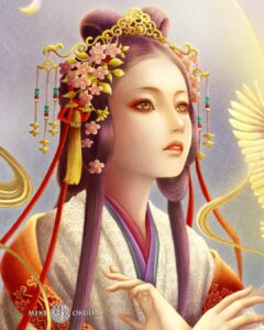 幻想画家・奥田みき「木花咲耶姫（このはなさくやひめ）」｜桜が舞う中、花のようにたたずむ女神。白と朱の衣をまとう気高き姿が、生命のはかなさと強さを静かに語る神仏画作品。
