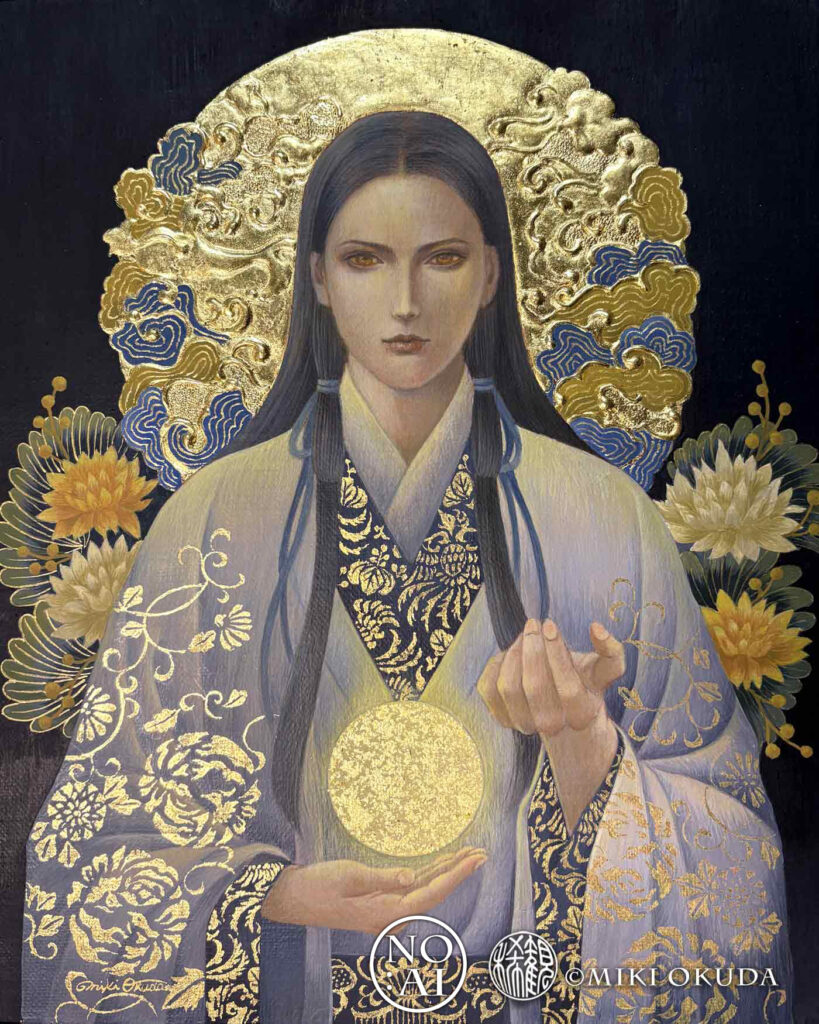 「月読尊（つくよみのみこと）のテンペラ作品｜幻想的な神仏画。金箔と植物文様で月の神の静けさを描写。」