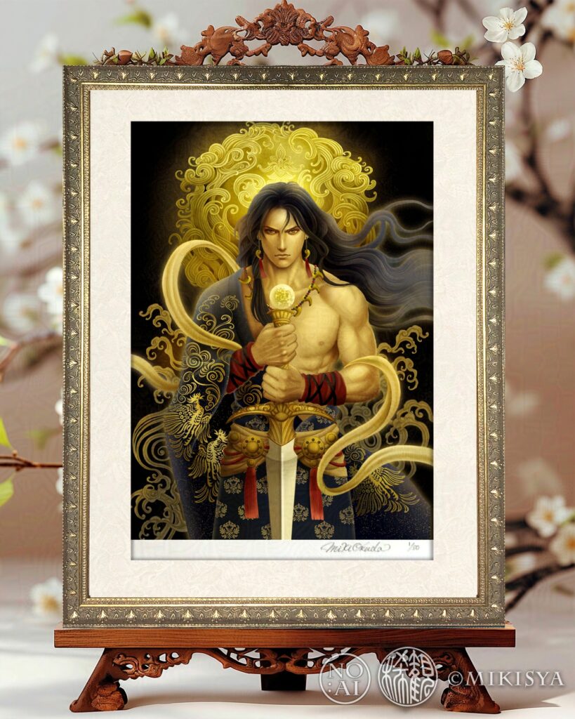 須佐之男命（すさのおのみこと）のジクレー版画を額装で飾ったイメージ写真。金の八雲と黒の装束を描いた奥田みきの神仏画。