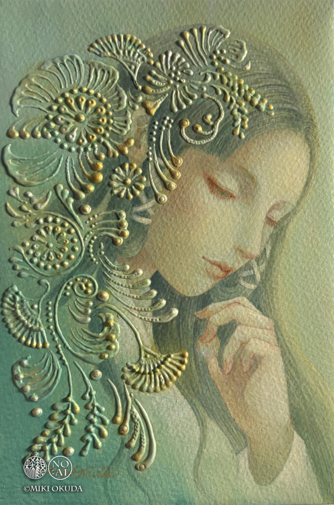 瀬織津姫「白露」。アクリルの盛り上げ技法と偏光顔料で描かれた神仏画作品。