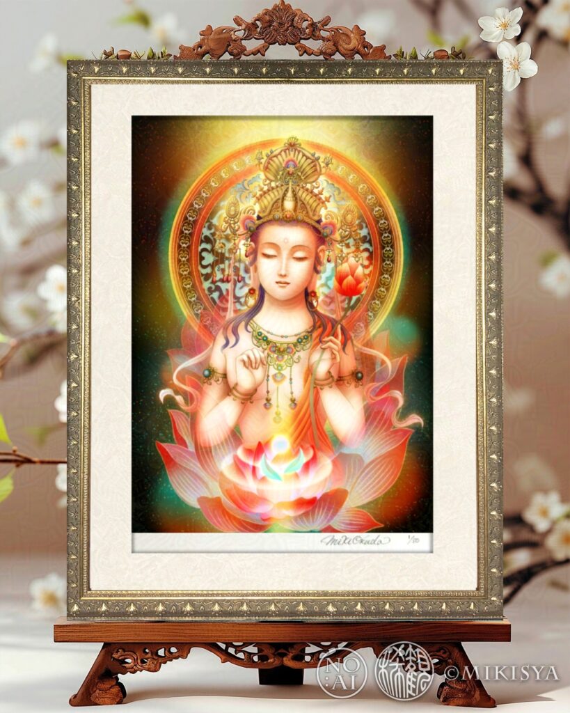 勢至菩薩(せいしぼさつ)の神仏画作品。光輪とともに智慧の光を放つ姿を描いた幻想的なジクレー版画。静かな表情と柔らかな光が特徴。