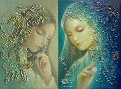 瀬織津姫の連作「白露」と「蒼露」。昼と夜を表現したアクリルの盛り上げ技法による作品。