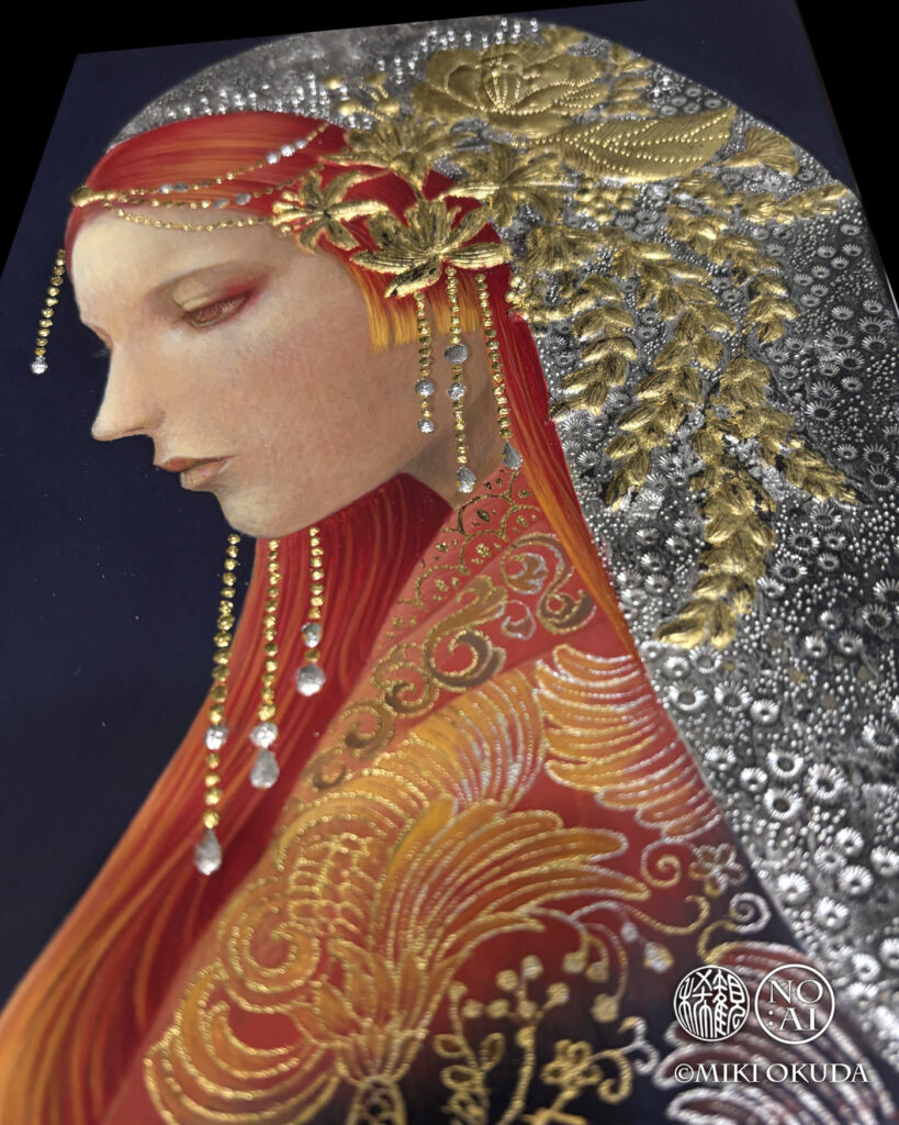 宇迦之御魂神を描いたSMサイズの黄金テンペラ作品。赤い髪と金箔の装飾、豊穣を象徴する稲穂をまとった幻想的な神仏画。
