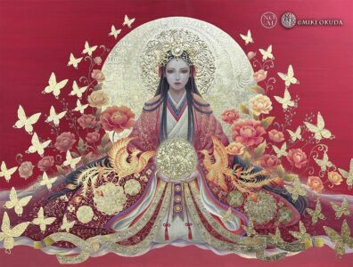 黄金テンペラで描いた天照大御神「陽光の庭」15号作品。赤い背景に金箔と蝶、花々を配した神仏画。