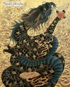 黒龍（テンペラ画）｜黄金テンペラで描いた黒龍の作品。金箔と黒を基調に、力強く渦を巻く龍神を表現。幻想画家・奥田みき作品